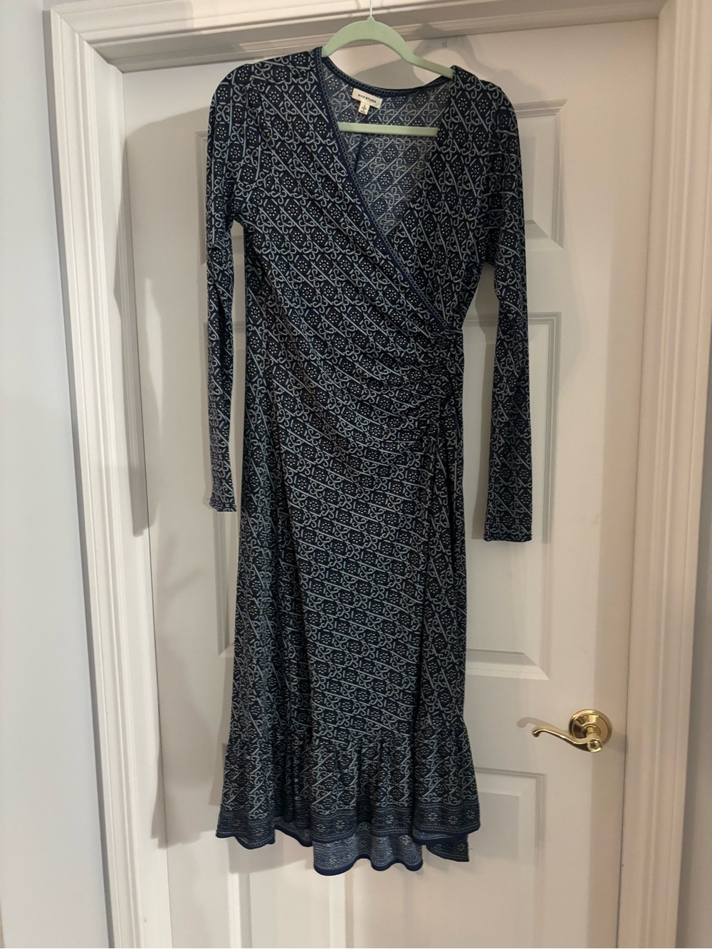 Max Studio Navy Blue Printed Long-Sleeve Wrap Dress